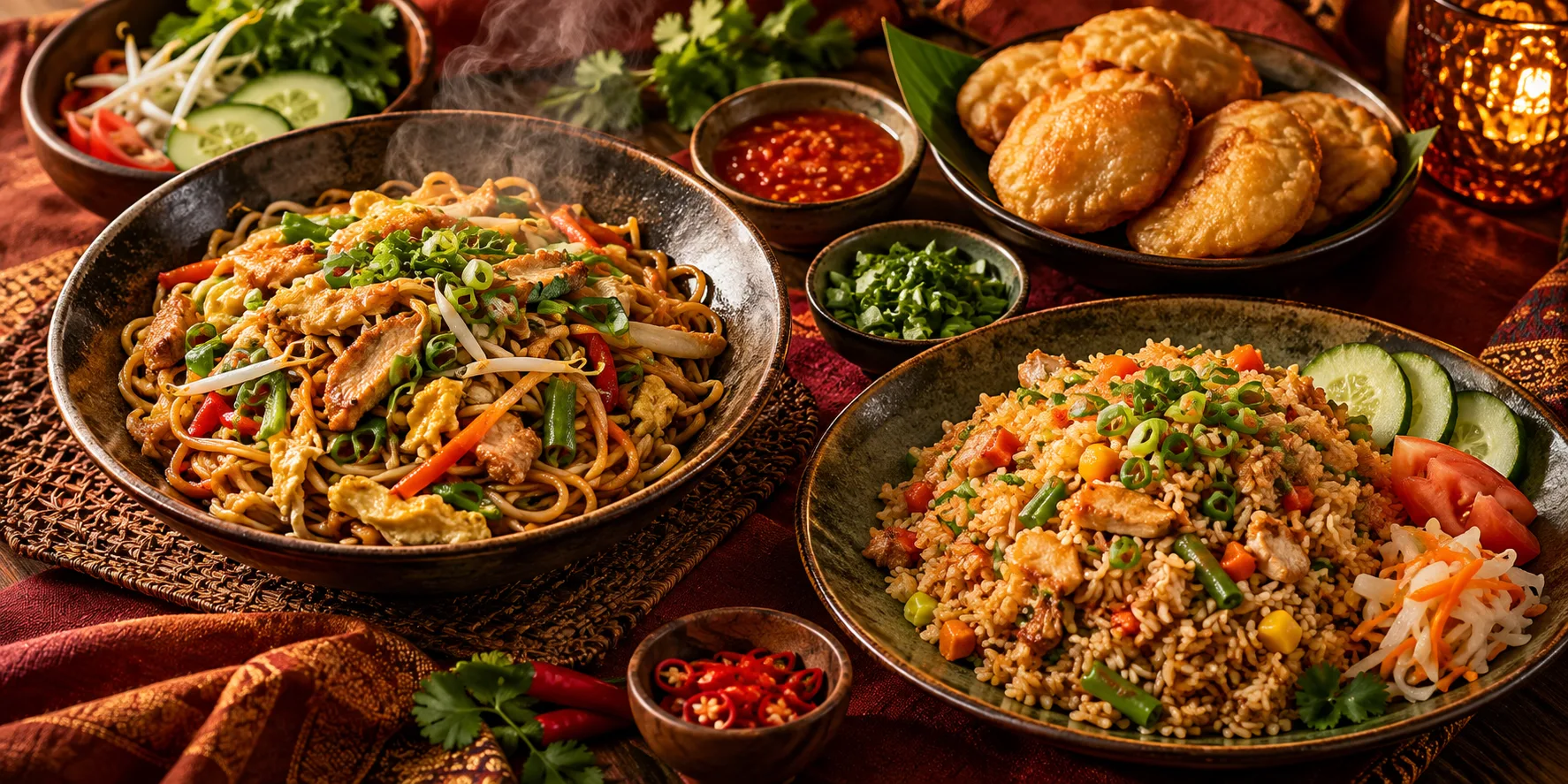 Illustratieve tafel met Surinaams-Chinese gerechten; niet gefotografeerd bij Mister Wong